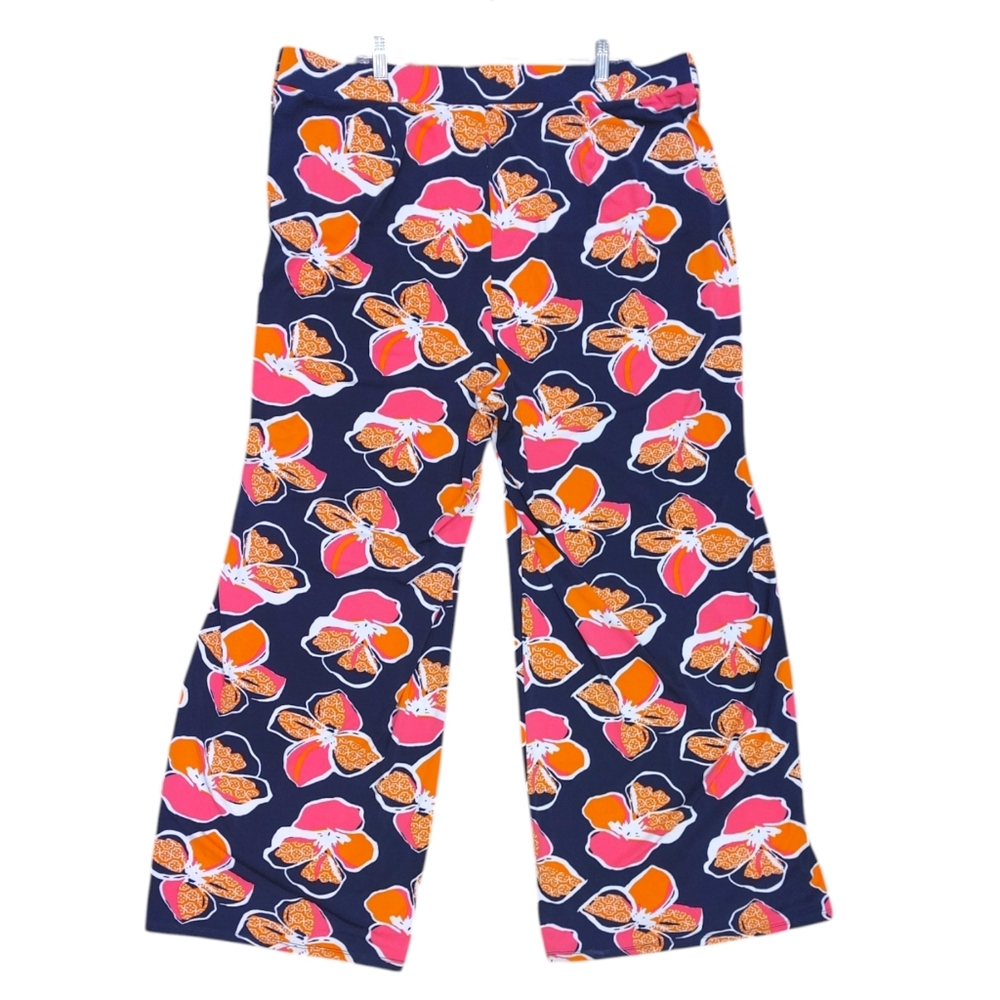Kaari Blue Navy Colorful Pink Orange Floral Wide Leg Stretch Pant Womens Size 3X